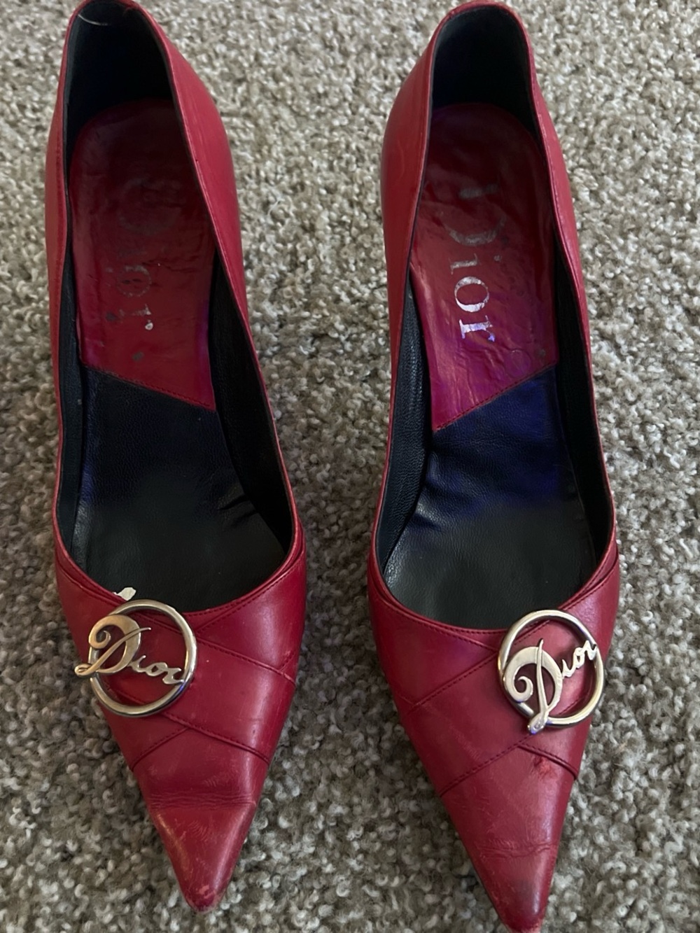 Dior Red Leather Pointed-Toe Pumps with Gold Logo Medallion